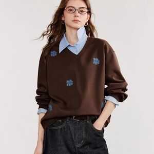 Elegant V-Neck Brown Sweater with Blue Floral Design